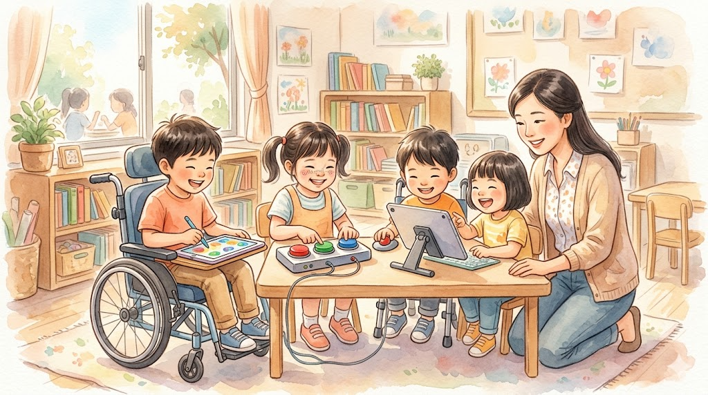 孩童在志工協助下使用輔助科技設備進行互動學習